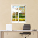 Erhellt den Raum optisch, Fenster für Büro und Wartezimmer. Das Motiv "Waldlichtung" mit dem Fensterblick über einem Schreibtisch an der Wand.