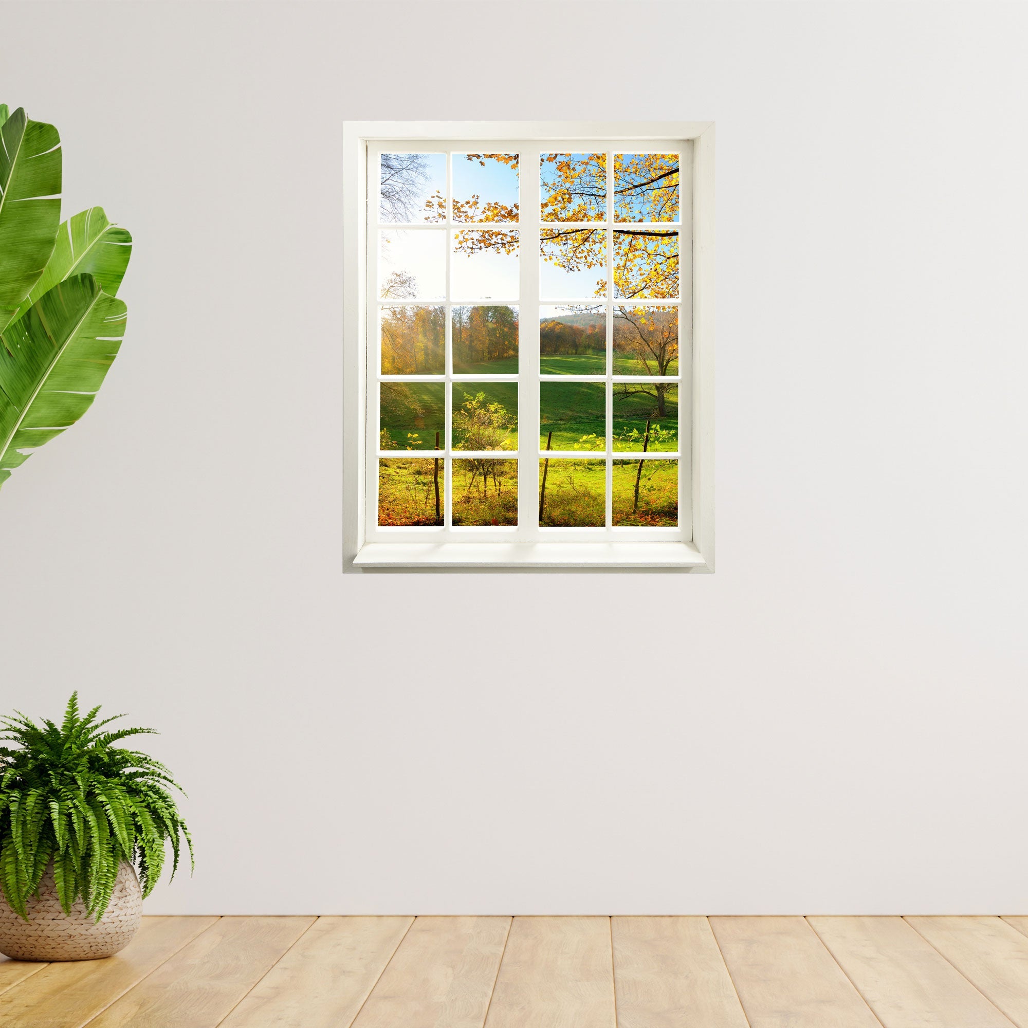 Fensteraufkleber für Wand und Möbel, farbintensiv gedruckt. "Waldlichtung" mit Wiese und Sonnenschein, an der Wand neben Zimmerpflanzen verklebt.
