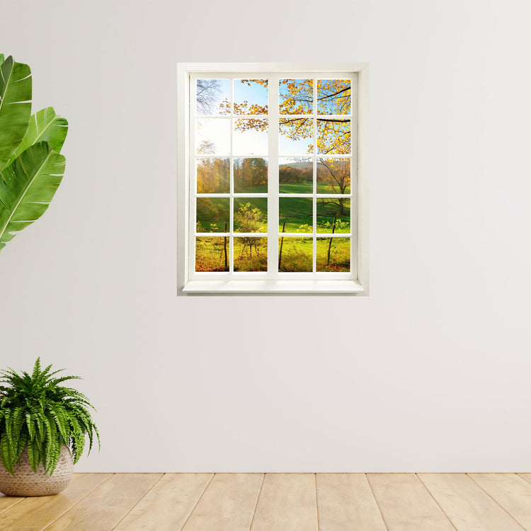 Fensteraufkleber für Wand und Möbel, farbintensiv gedruckt. "Waldlichtung" mit Wiese und Sonnenschein, an der Wand neben Zimmerpflanzen verklebt.