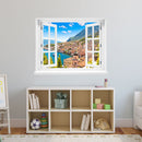 Wandsticker offenes Fenster "Dorf am See" über Spielzeugregal im Kinderzimmer.