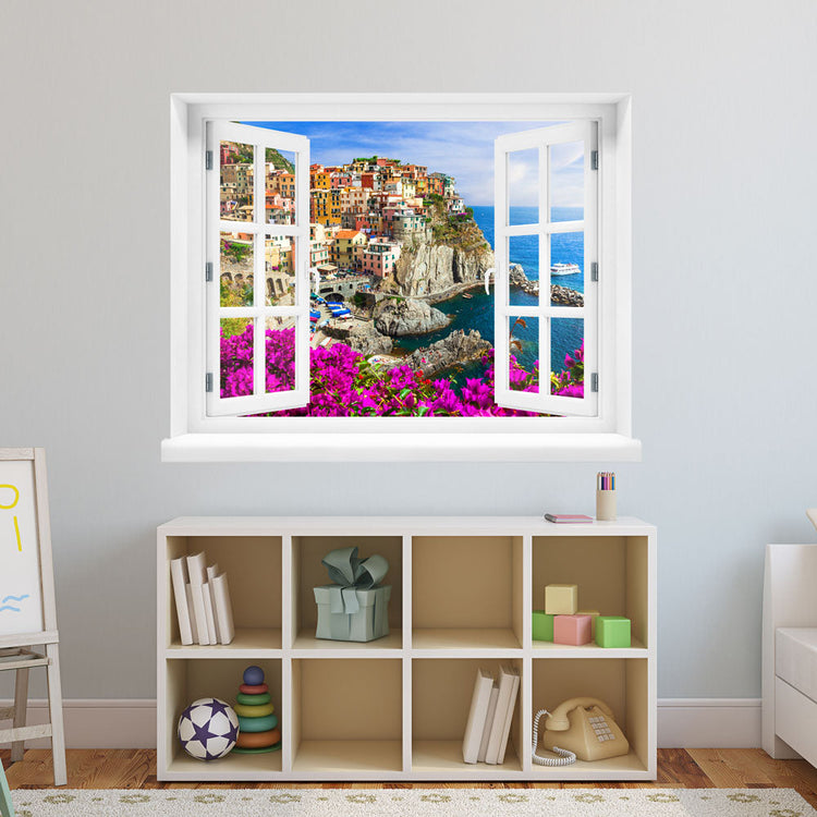 Wandaufkleber - Fensterblick "Cinque Terre" im Kinderzimmer Blick auf die italienische Küste.