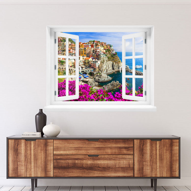 Wandaufkleber - Fensterblick "Cinque Terre" Stimmungsbild über Kommode.
