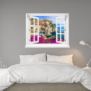Wandaufkleber offenes Fenster mit Blick auf  "Cinque Terre" über einem Bett im Schlafzimmer an einer grauen Wand.