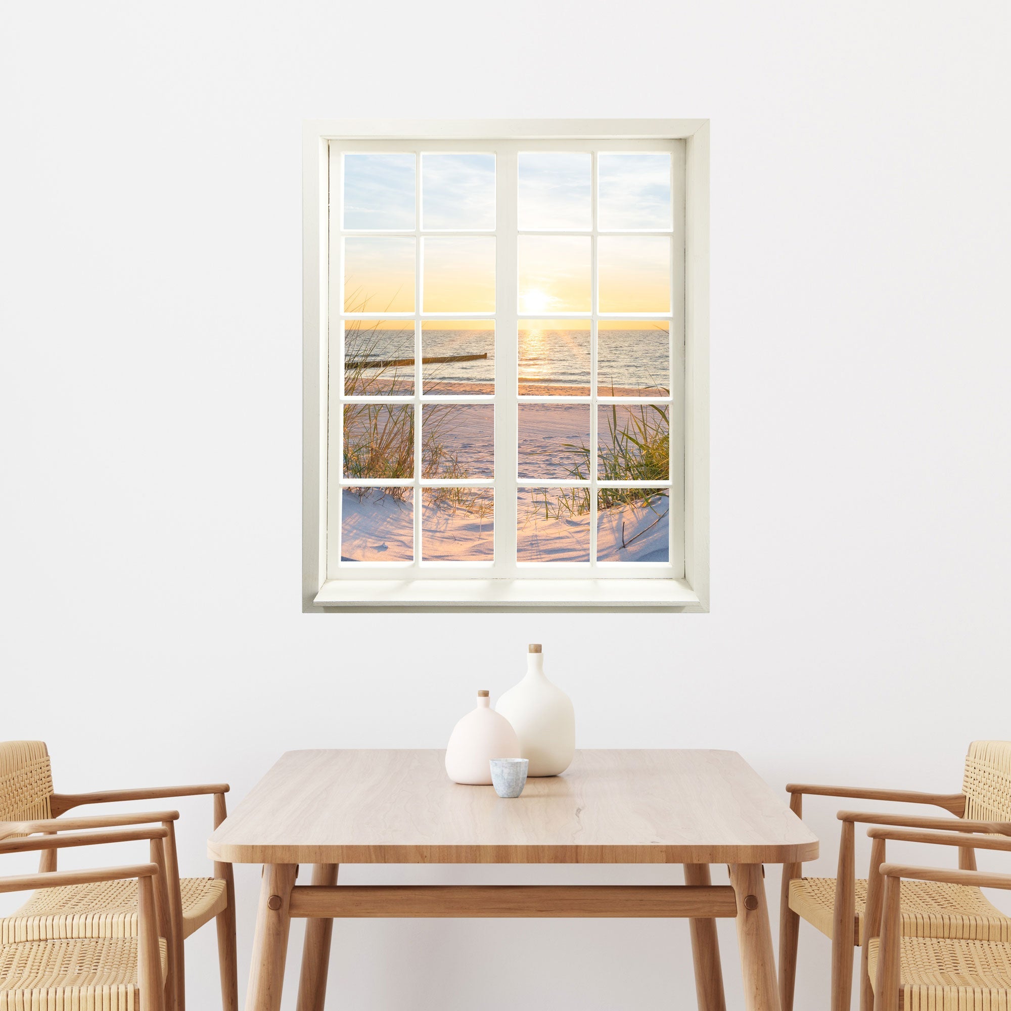 Selbstklebende Wandaufkleber- Fensterbild mit Ostseemotiv "Düne und Meer" für Flur, Bad und Wohnzimmer. Hier über einem Esstisch an einer weissen Wand.