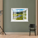 Wandaufkleber offenes Fenster "Fluss-Landschaft", an einer grünen Wand in einem Fotostudio.