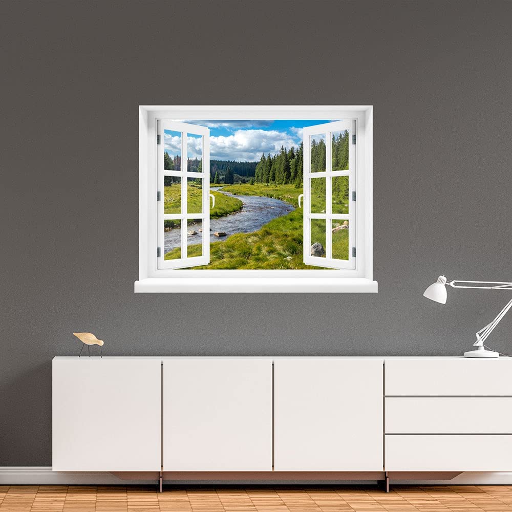 Wandaufkleber offenes Fenster "Fluss-Landschaft" über weißer Kommode im Office.