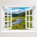 Wandaufkleber offenes Fenster einer sonnigen Fluss Landschaft. Hauptbild