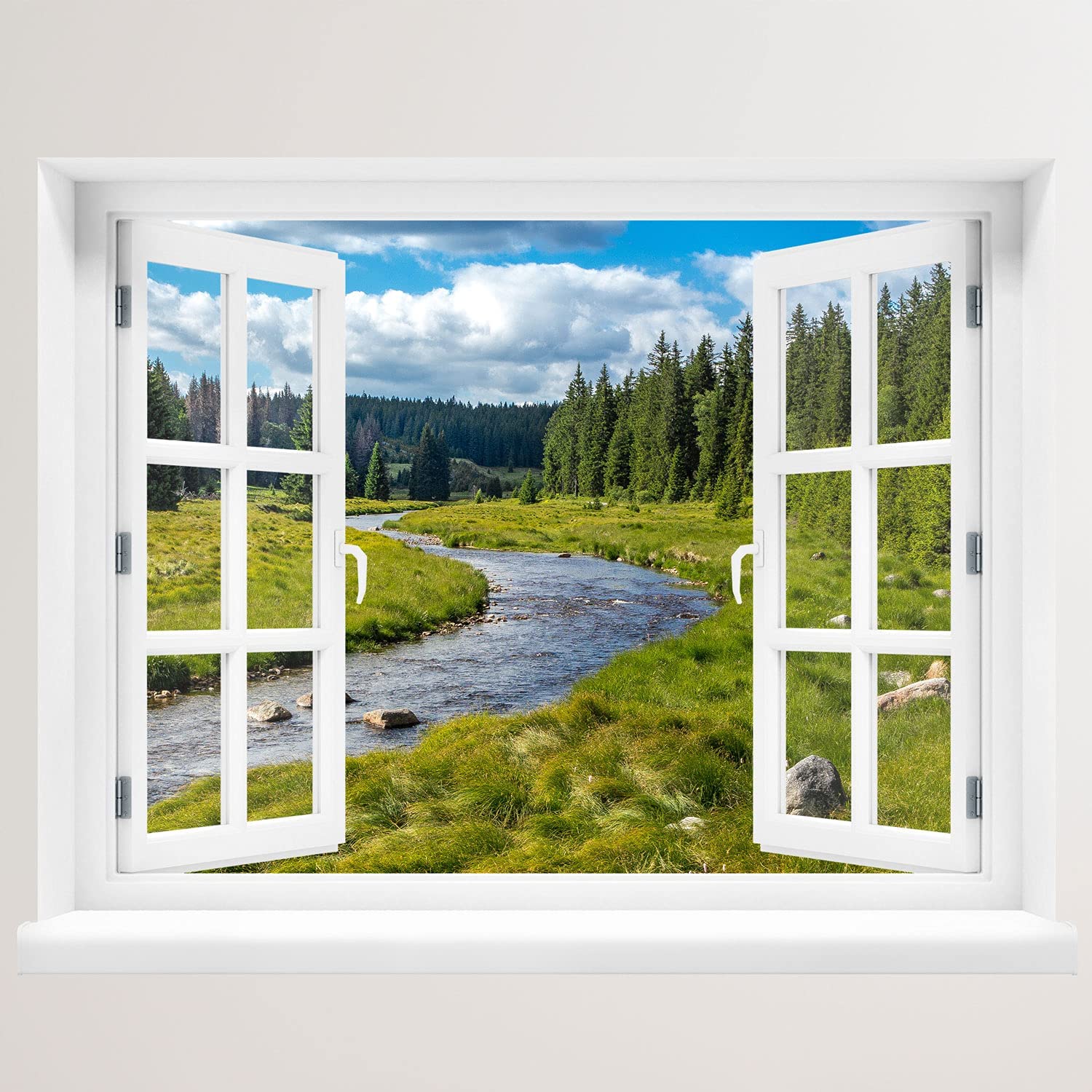 Wandaufkleber offenes Fenster einer sonnigen Fluss Landschaft. Hauptbild