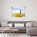 Großansicht eines Wandaufklebers: offenes Fenster mit Blick auf rot-weißen Leuchtturm inmitten von Dünenlandschaft an der Küste unter blauem Himmel – maritimes Küstenmotiv mit Nordsee- oder Ostsee-Flair. Als Einrichtungsbeispiel an einer weissen Wand, über grauen Couch im Wohnzimmer verklebt.