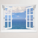 Wandaufkleber-Großansicht: offenes Fenster mit freiem Blick auf das weite, blaue Meer unter leicht bewölktem Himmel – beruhigende Meereskulisse mit Urlaubsfeeling.