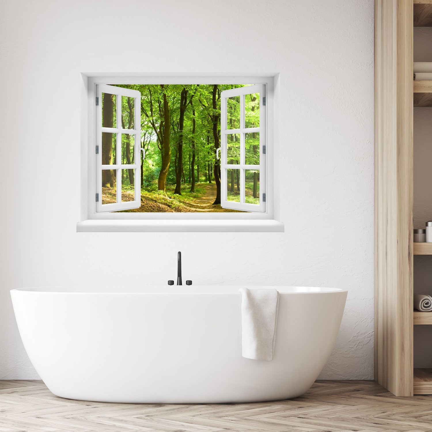 Wandaufkleber Ansicht eines offenes Fenster mit Blick in einen sonnendurchfluteten, grünen Laubwald mit einem schmalen Waldweg – entspannende Naturkulisse mit Frühlings- oder Sommerstimmung. Als Dekoidee in einem Badezimmer, über einer modernen Badewanne an der weissen Wand verklebt.