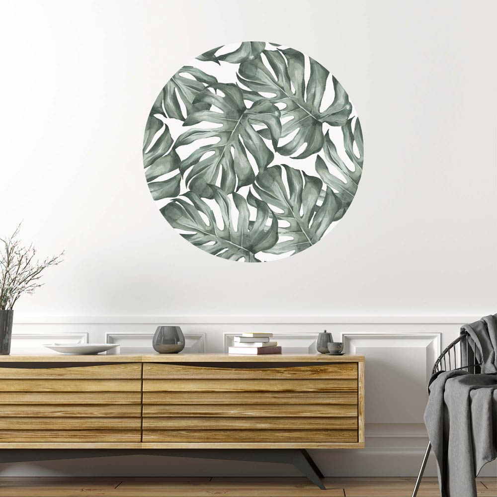 Elegantes Wandtattoo mit grünen Monstera Blättern, ein frisches, tropisches Design für dein Zuhause.