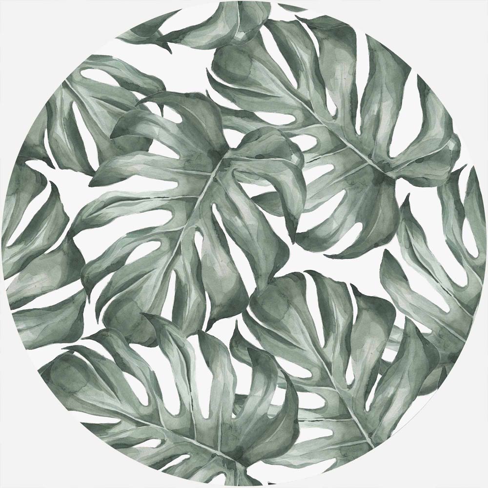 Schönes Wandbild im runden Format mit Monstera-Blättern in grünen Tönen. Perfekte Wanddekoration für jedes Zimmer.