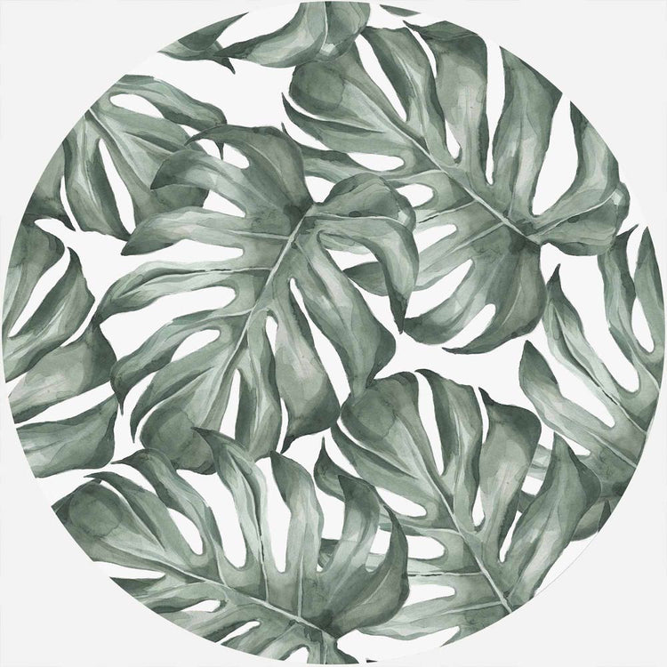 Schönes Wandbild im runden Format mit Monstera-Blättern in grünen Tönen. Perfekte Wanddekoration für jedes Zimmer.