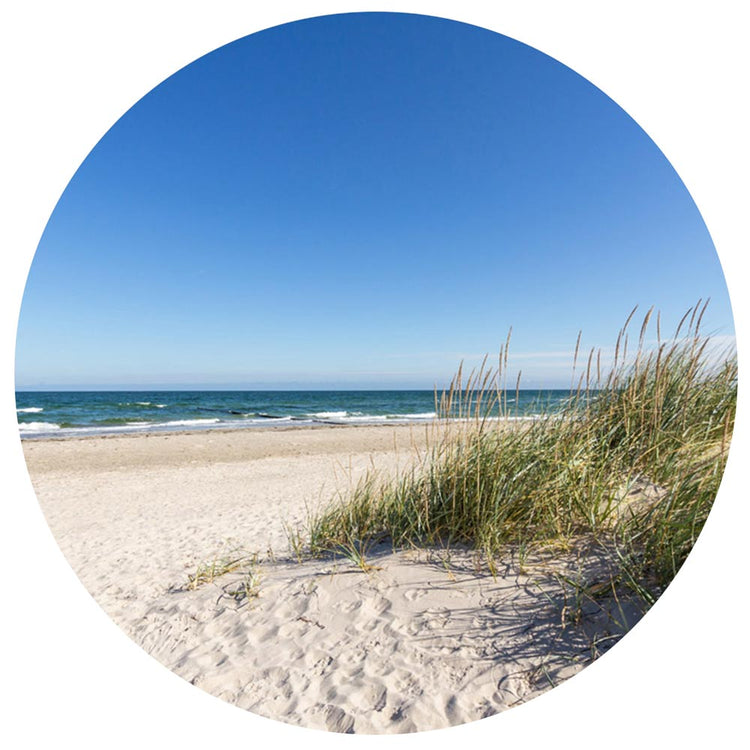Großansicht eines runden Wandaufklebers mit einem Motiv von Ostseedünen, Strand und dem Meer. Das Bild schafft einen 3D Effekt und sorgt für eine Tiefe. 
