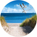 Großansicht eines runden Wandaufklebers mit einem Motiv am Strand mit Möwen. Das Bild schafft einen 3D Effekt und sorgt für eine Tiefe. 