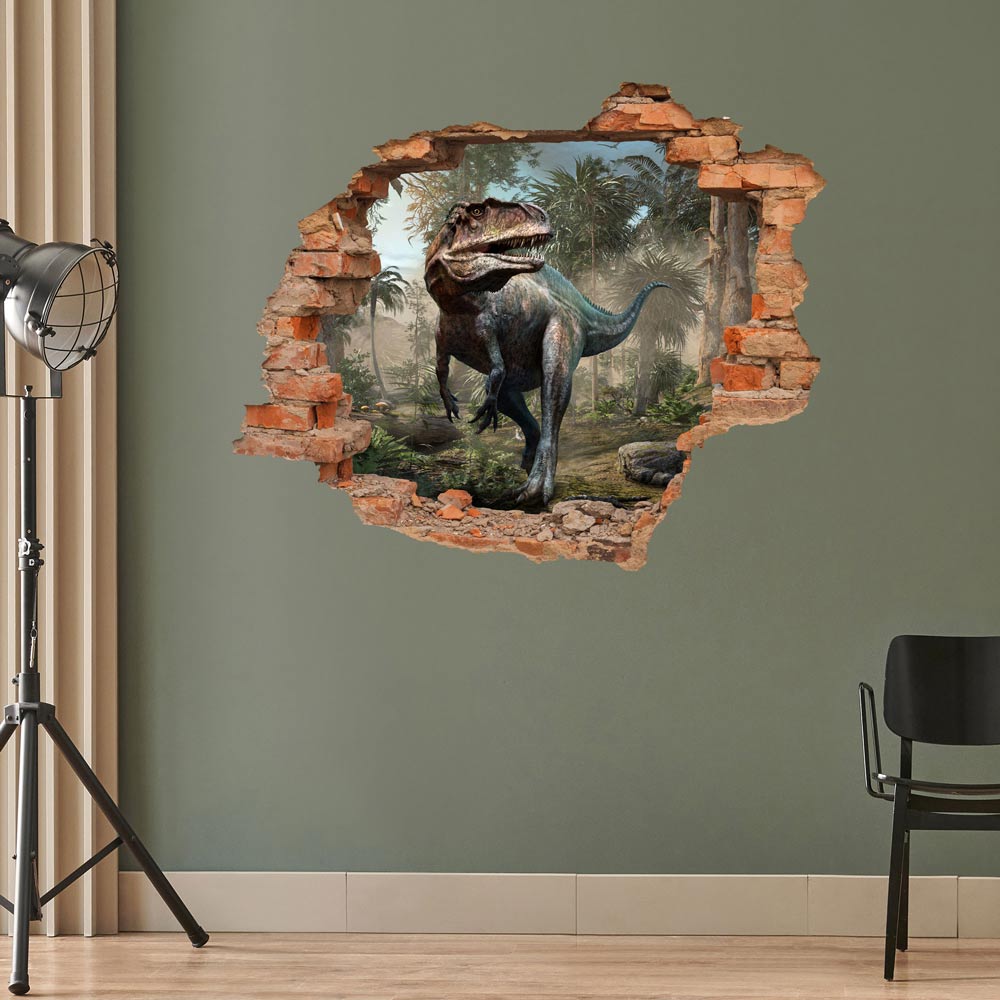 Wandtattoo - Wanddurchbruch "Acrocanthosaurus" auf grüner Wand im Atelier.
