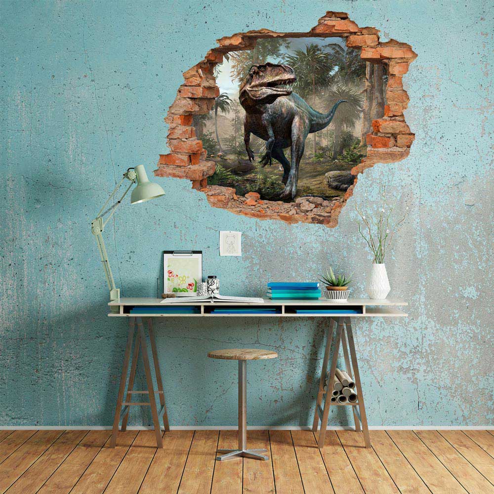 Wandtattoo - Wanddurchbruch "Acrocanthosaurus" über dem Office-Tisch an einer blauen Shabby-Wand.