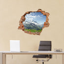 Wandtattoo Ziegelsteinwand Aufkleber "Almwiese und Berge" im Büro an einer beigen Wand.