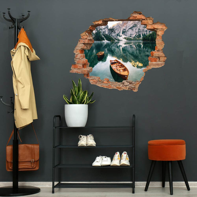Wandtattoo - Ziegelwand "Bergsee" in der Garderobe an einer dunkelgrauen Wand verklebt. Um kleine Räume größer erscheinen zu lassen.