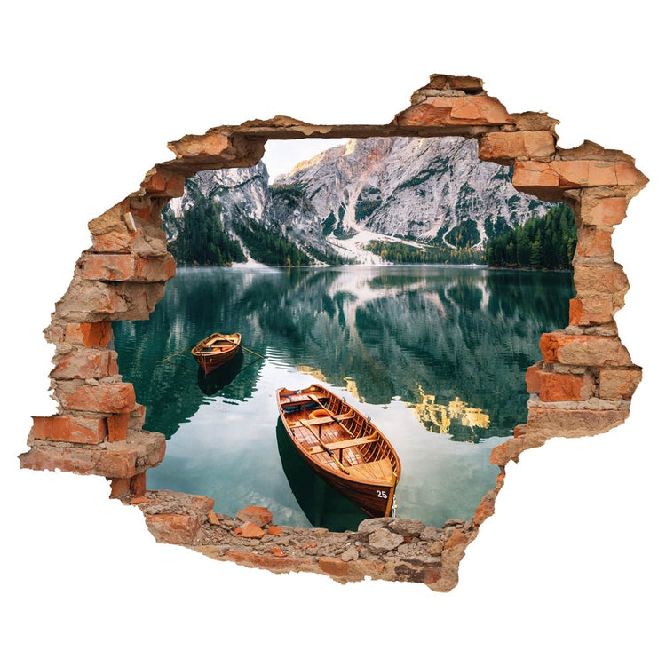 Wandtattoo - Ziegelwand mit "Bergsee" und zwei Boote. Hauptbild.