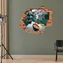 Wandtattoo - Ziegelwand "Bergsee"  in einem Studio an einer grünen Wand verklebt.