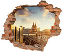 3D-Wandtattoo mit Backstein-Durchbruch, das eine Berliner U-Bahn zeigt, die auf Gleisen in Richtung der Oberbaumbrücke fährt – stilvolle urbane Wanddekoration.