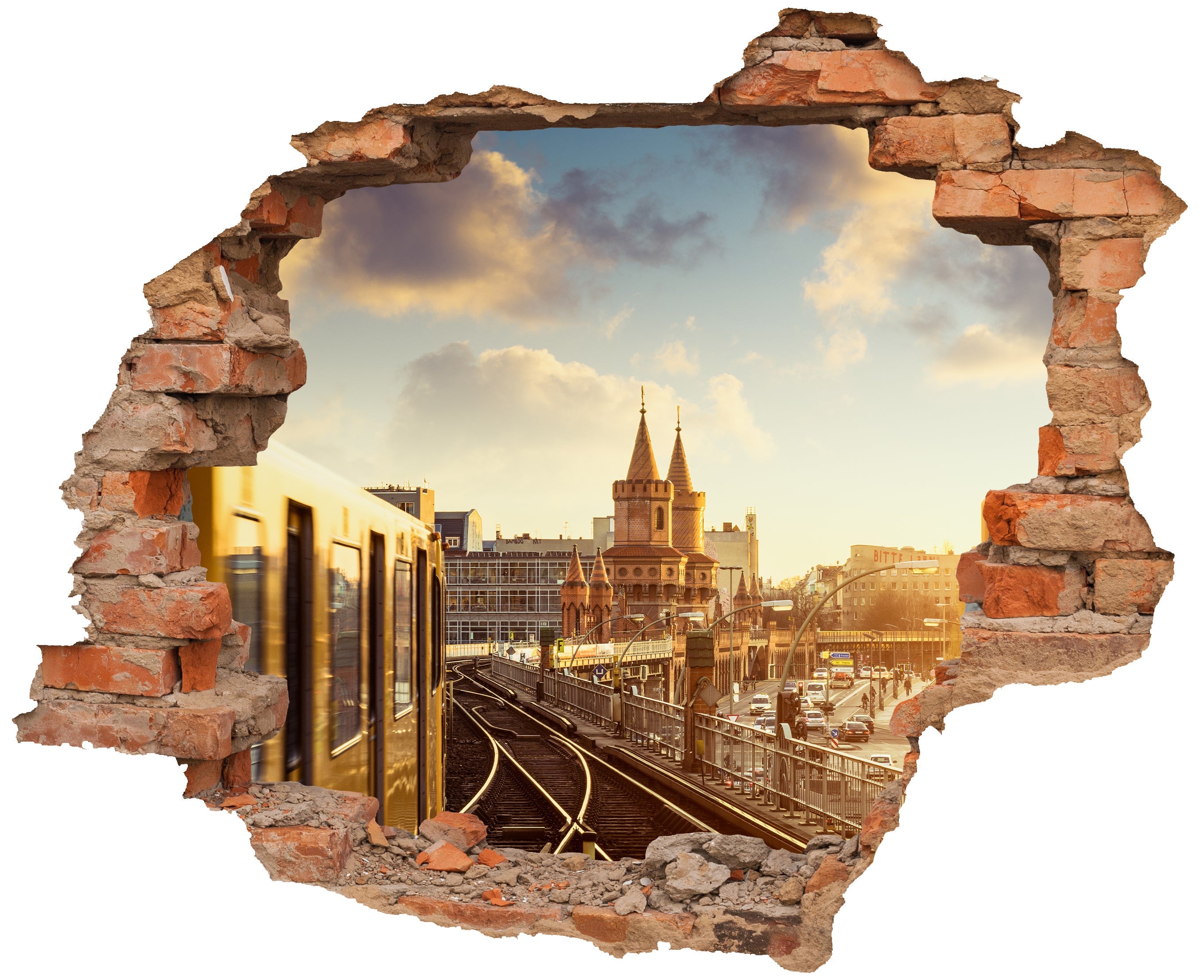 3D-Wandtattoo mit Backstein-Durchbruch, das eine Berliner U-Bahn zeigt, die auf Gleisen in Richtung der Oberbaumbrücke fährt – stilvolle urbane Wanddekoration.