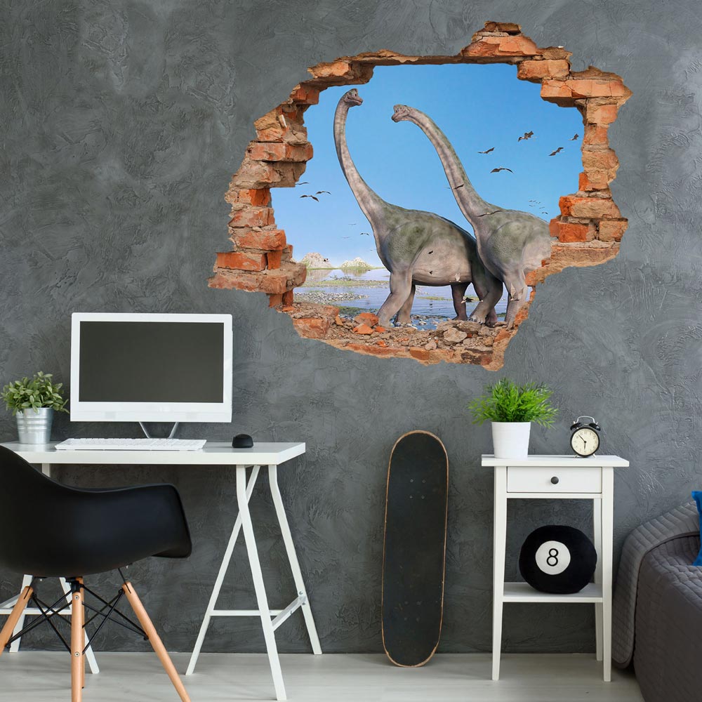 Wandtattoo Ziegelwand Sticker "Brachiosaurus" in coolem Jugendzimmer an einer grauen Wand.