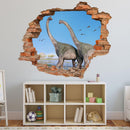 Wandtattoo Ziegelwand Aufkleber "Brachiosaurus" in Spielzimmer über einem Regal.