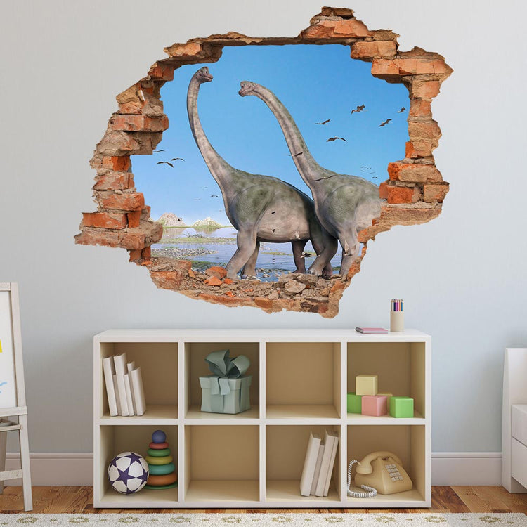 Wandtattoo Ziegelwand Aufkleber "Brachiosaurus" in Spielzimmer über einem Regal.