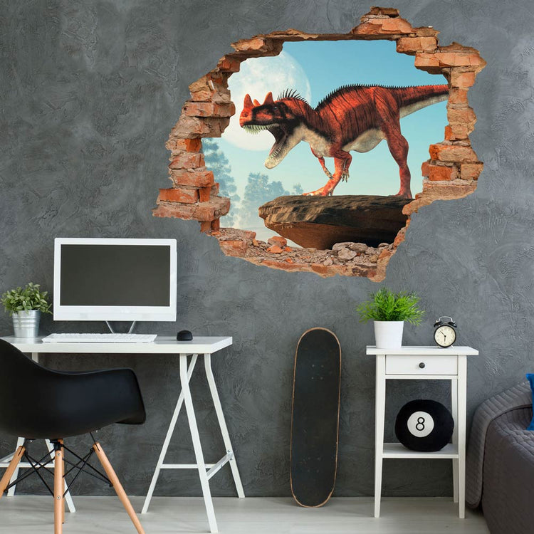 Wandtattoo - Mauerdurchbruch "Ceratosaurus" Dino in modernem Jugendzimmer an der grauen Wand verklebt.