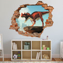 Wandtattoo - Mauerdurchbruch "Ceratosaurus" Dino im Kinderzimmer über einem Spielzeugregal.