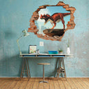 Wandtattoo - Mauerdurchbruch "Ceratosaurus" Dino über dem Schreibtisch an einer blauen Wand im Shabby-Look.