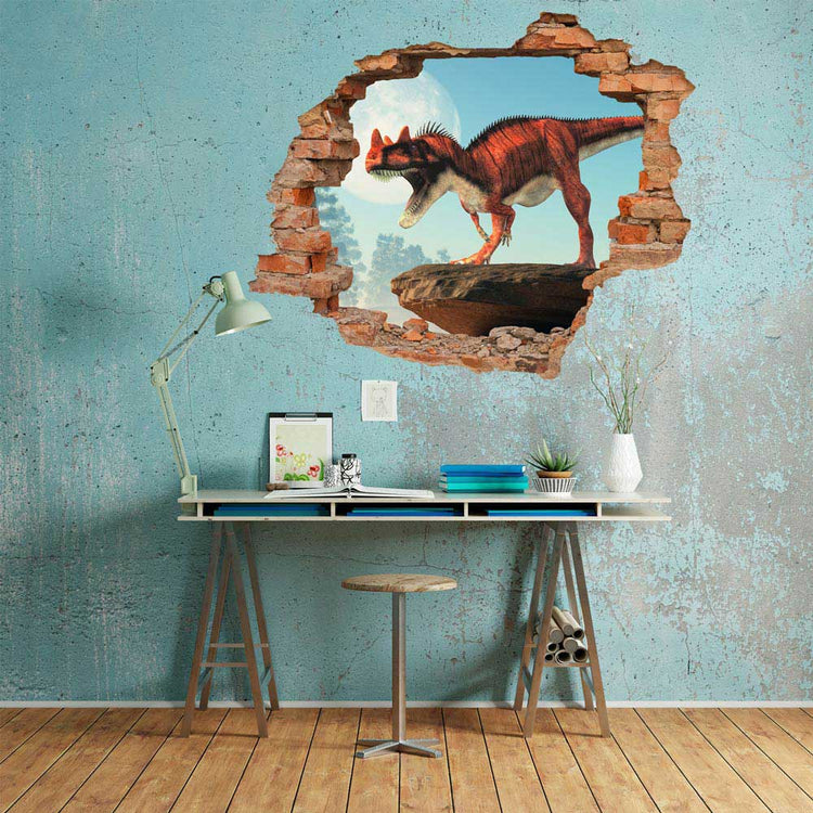Wandtattoo - Mauerdurchbruch "Ceratosaurus" Dino über dem Schreibtisch an einer blauen Wand im Shabby-Look.