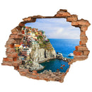 Wandtattoo Aufkleber - Wanddurchbruch Backstein mit dem Ausblick: "Cinque Terre", mit der Küste, den bunten Häusern und einem Boot. Hauptbild