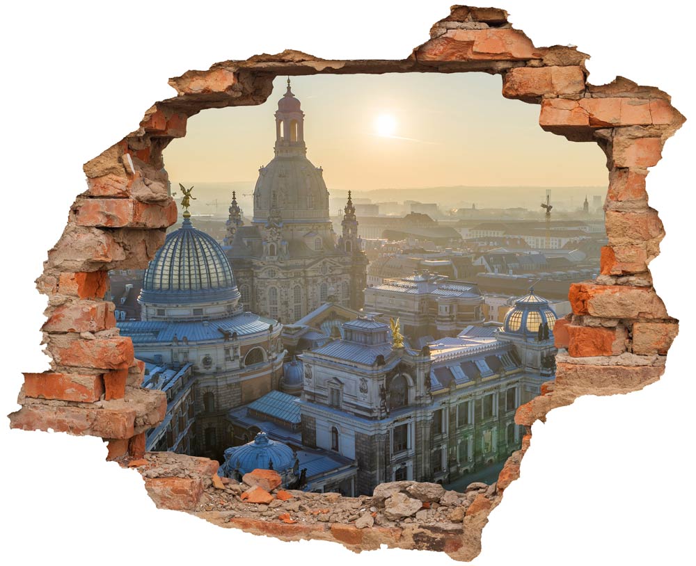 3D-Wandtattoo mit Backstein-Optik, das eine beeindruckende Ansicht der Dresdner Frauenkirche und der historischen Altstadt bei Sonnenaufgang zeigt, perfekt für eine stilvolle Wandgestaltung.