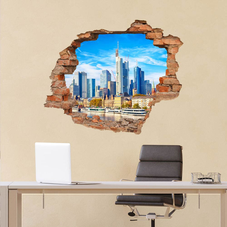 Modernes 3D-Wandtattoo mit Backstein-Effekt im Büro, das einen realistischen Blick auf die Skyline von Frankfurt am Main bietet. Perfekte Wanddekoration für ein stilvolles Arbeitsumfeld.