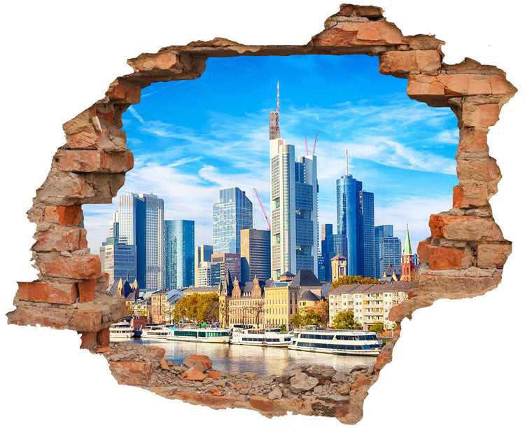 Modernes 3D-Wandtattoo mit Backstein-Effekt, das einen atemberaubenden Blick auf die Skyline von Frankfurt am Main zeigt. Die imposanten Hochhäuser und die Uferpromenade schaffen eine urbane Atmosphäre.