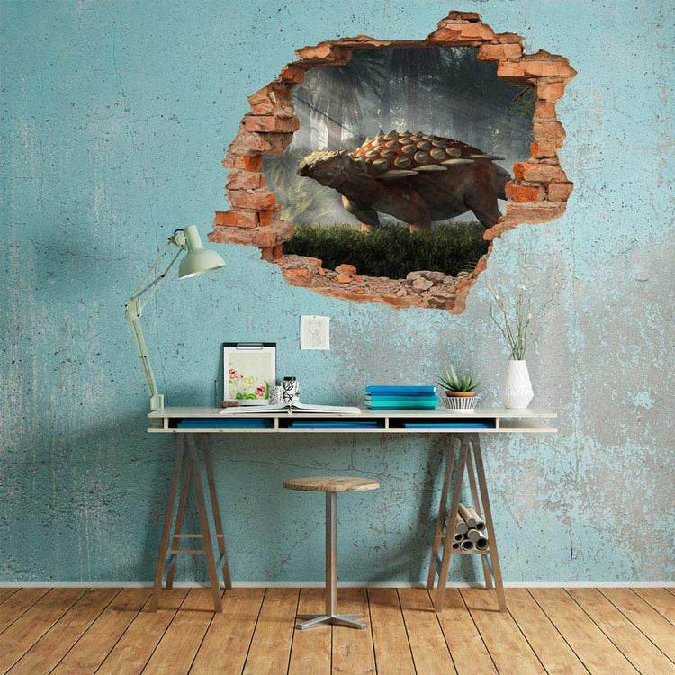 Wandtattoo - Wanddurchbruch "Gargoyleosaurus" über Schreibtisch  an blauer Wand.