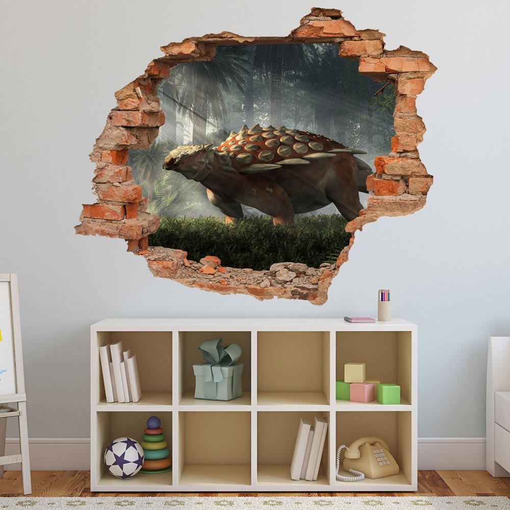 Wandtattoo - Wanddurchbruch "Gargoyleosaurus" Sticker über kleinem Spielzeugregal im Kinderzimmer.