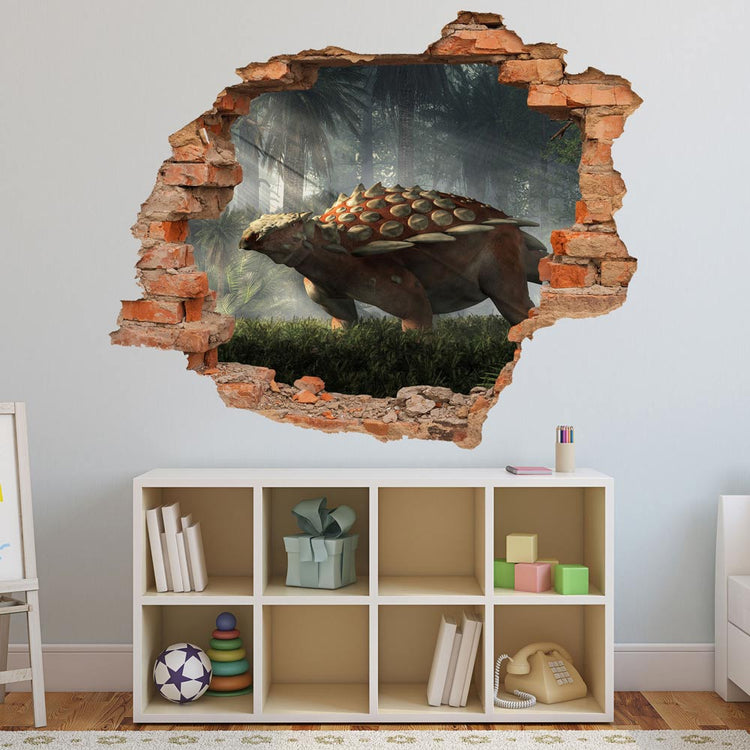 Wandtattoo - Wanddurchbruch "Gargoyleosaurus" Sticker über kleinem Spielzeugregal im Kinderzimmer.