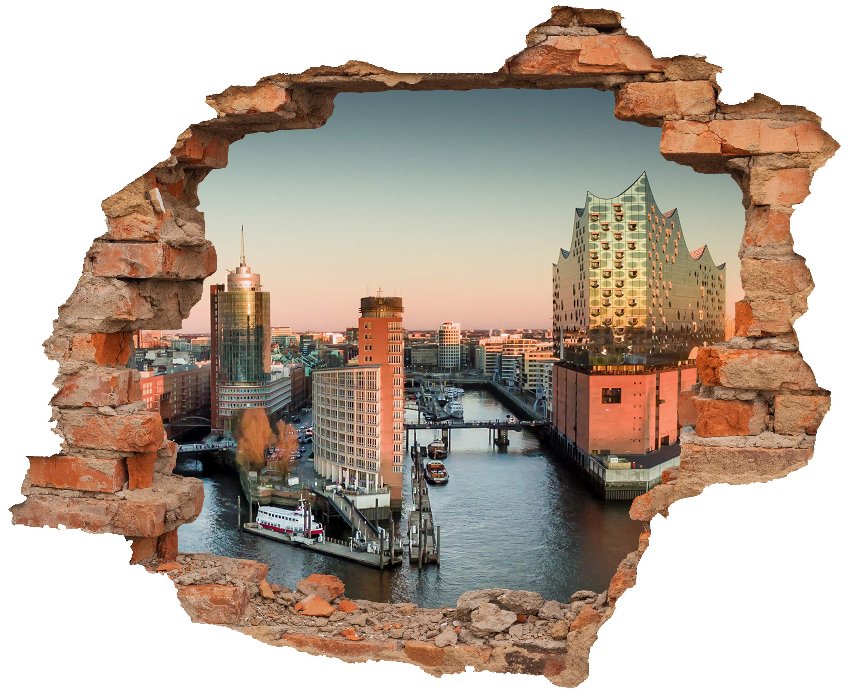 3D-Wandtattoo mit Backstein-Effekt und Blick auf die Elbphilharmonie in Hamburg bei Sonnenuntergang, eine moderne Wanddekoration für urbanes Flair.