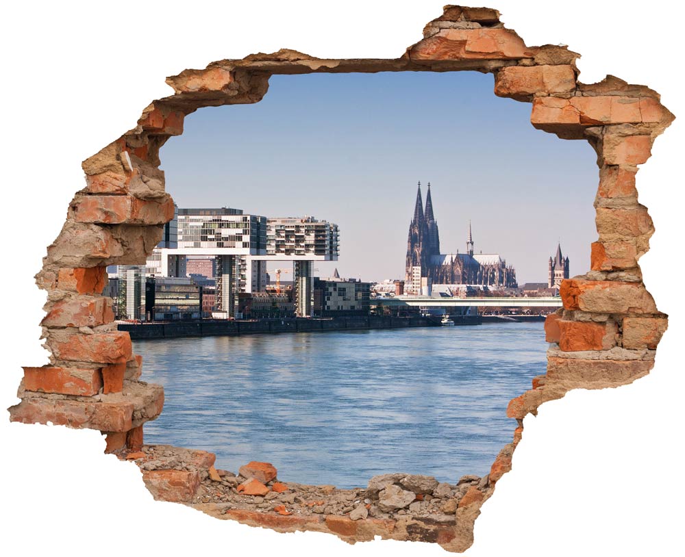 Realistisches 3D-Wandtattoo mit Backstein-Optik, das einen beeindruckenden Blick auf den Kölner Dom und den Rhein bietet. Perfekte Wanddekoration für Stadtliebhaber und moderne Wohnräume.
