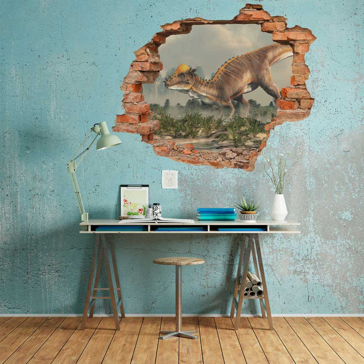 Wandtattoo - Wanddurchbruch "Pachycephalosaurus" am Arbeitstisch an einer blauen shabby Wand.