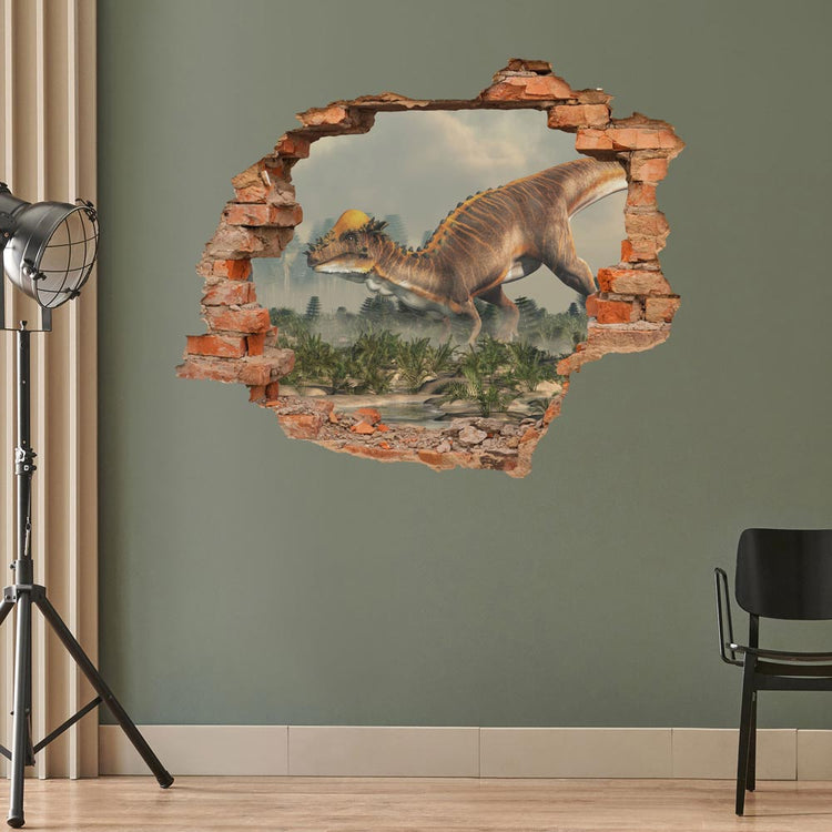 Wandtattoo - Wanddurchbruch "Pachycephalosaurus" an einer grünen Wand im Studio.