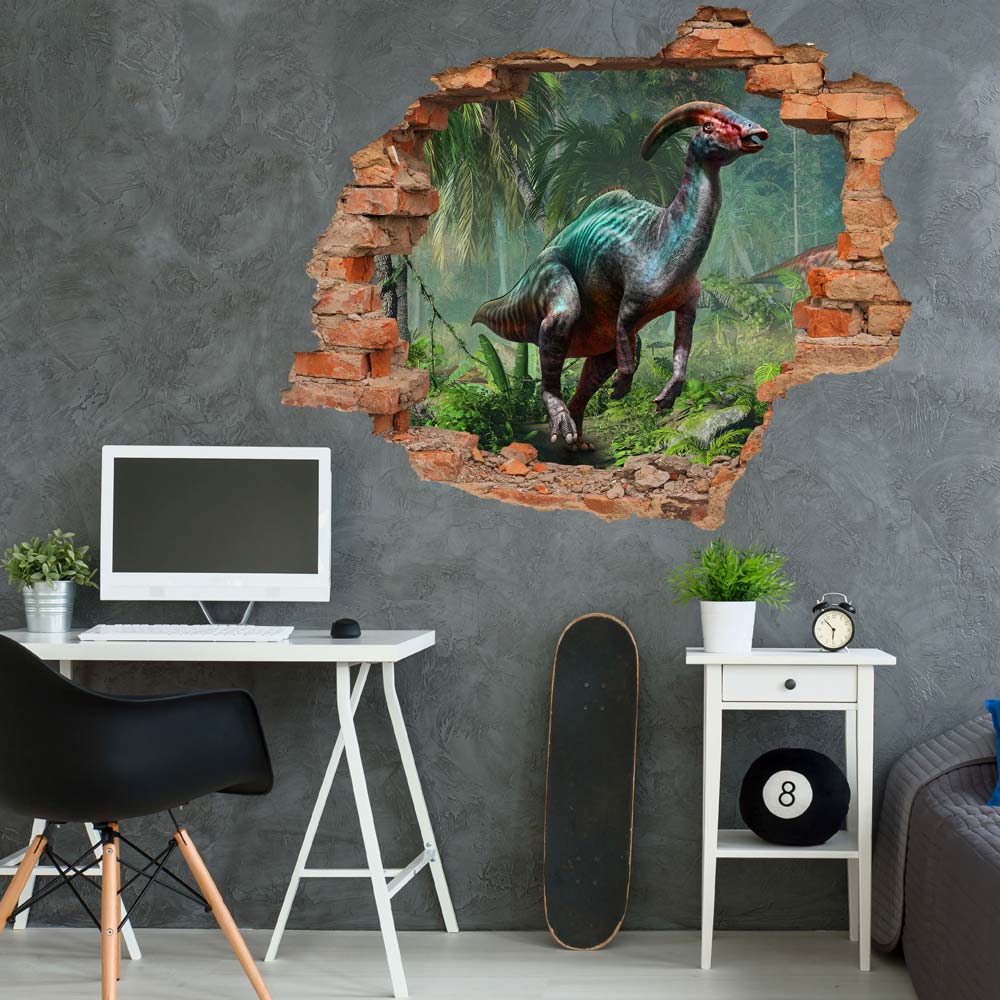 Wandtattoo Ziegelmauer Durchbruch "Parasaurolophus" Jugendzimmer mit grauer Wand.