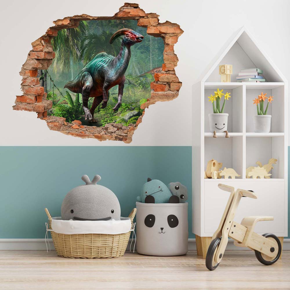 Wandtattoo Ziegelmauer Durchbruch "Parasaurolophus" über Spielzeugecke.