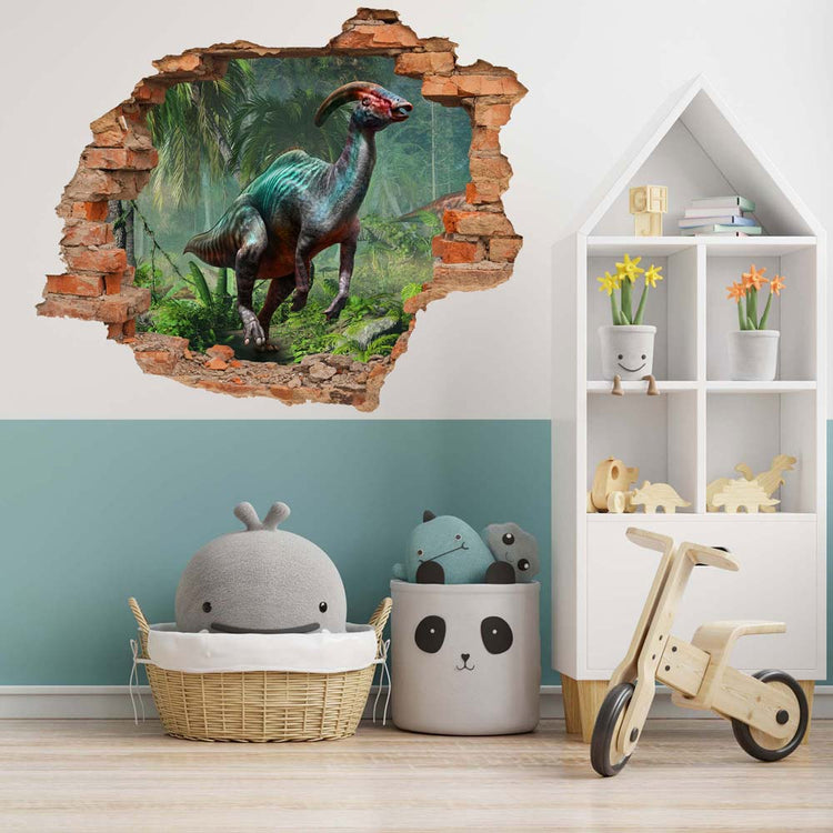 Wandtattoo Ziegelmauer Durchbruch "Parasaurolophus" über Spielzeugecke.