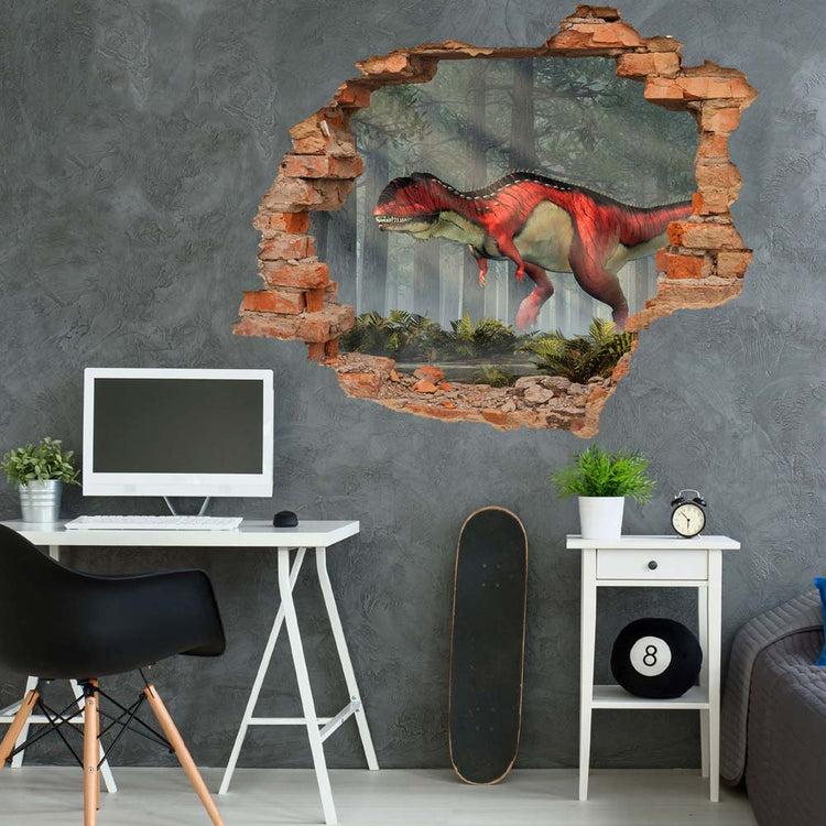 Wandtattoo Wanddurchbruch "Rajasaurus" in modernem Zimmer für Jugendliche.